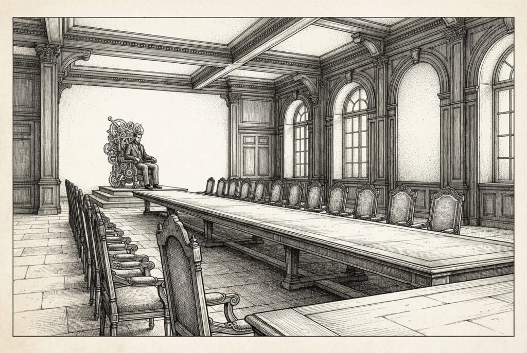 Throne room with a single survivor at a gear-throne, empty chairs arrayed around - representing workforce reduction amid growth
