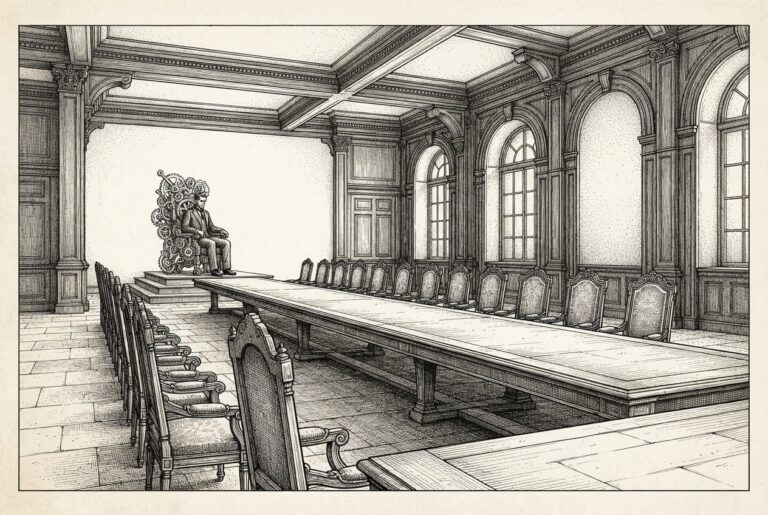 Throne room with a single survivor at a gear-throne, empty chairs arrayed around - representing workforce reduction amid growth