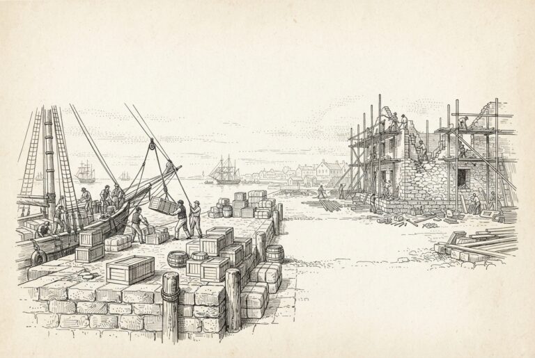 A stone wharf where cargo is being unloaded, with a gap between the dock and a building under construction behind it - representing the missing regulated execution venue that Coinbase's FCA authorization is building for agent trading.