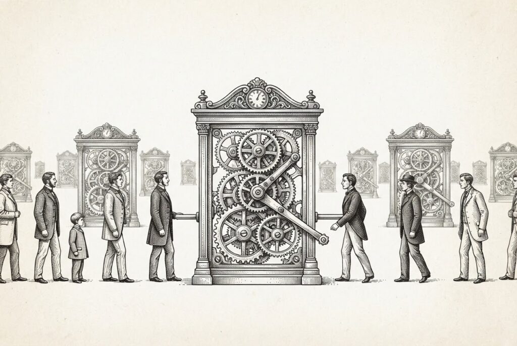 Clockwork gatekeeper mechanism with repeating automated gates - representing AI-driven hiring discrimination at scale