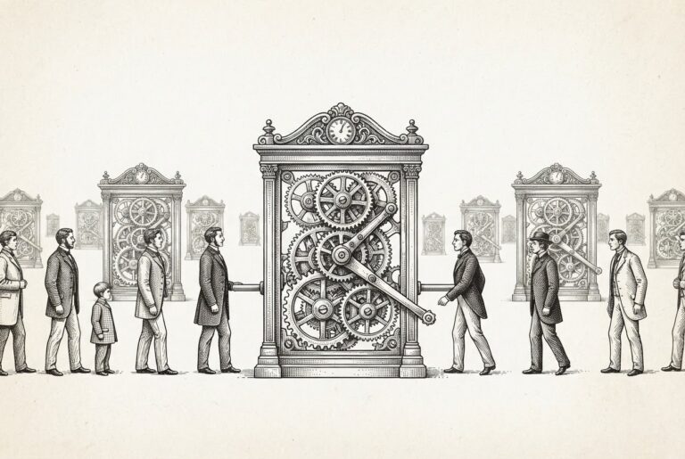 Clockwork gatekeeper mechanism with repeating automated gates - representing AI-driven hiring discrimination at scale