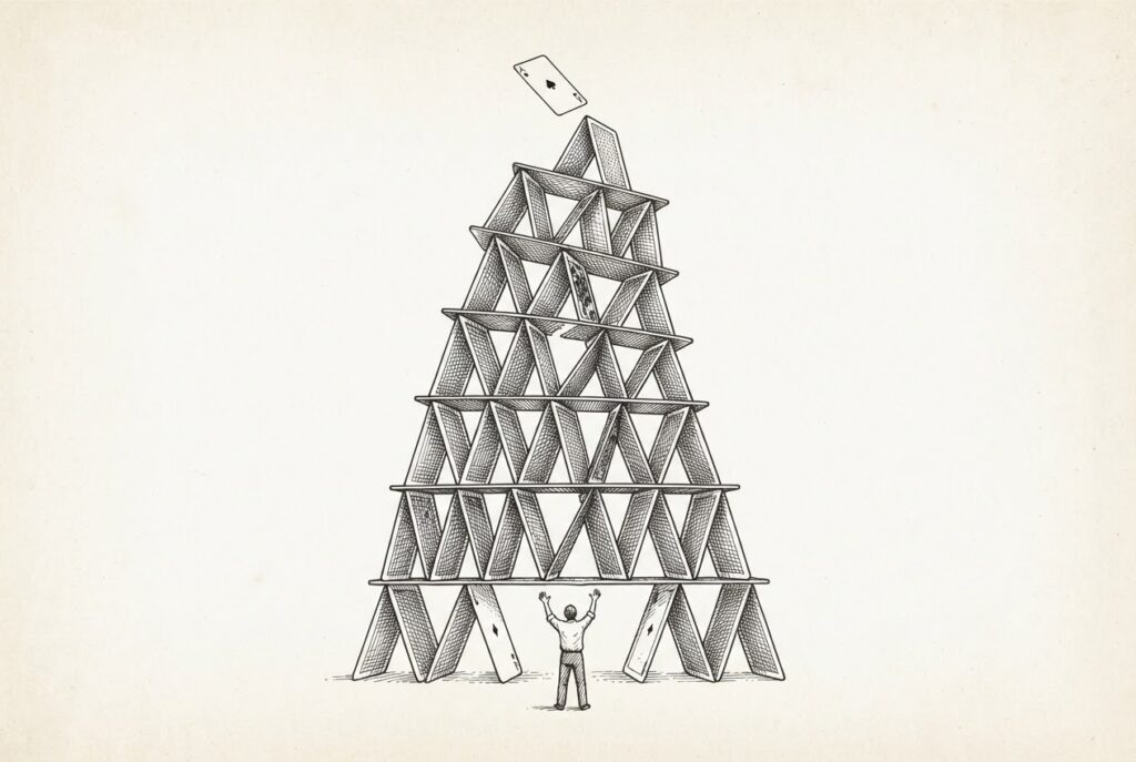 Tall house of cards with a single figure steadying the swaying tower - representing precarious workforce restructuring amid rapid growth