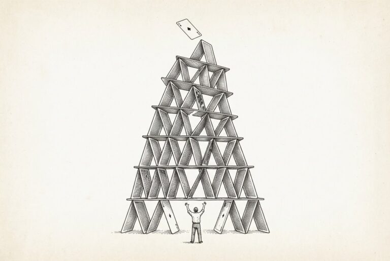 Tall house of cards with a single figure steadying the swaying tower - representing precarious workforce restructuring amid rapid growth