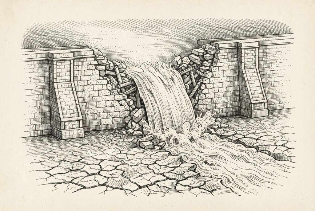 A masonry dam with a massive breach, torrent pouring through onto a dry cracked plain below, illustrating how AI agents collapsed the 30-year economic barrier that protected organizations from vulnerability exploitation.