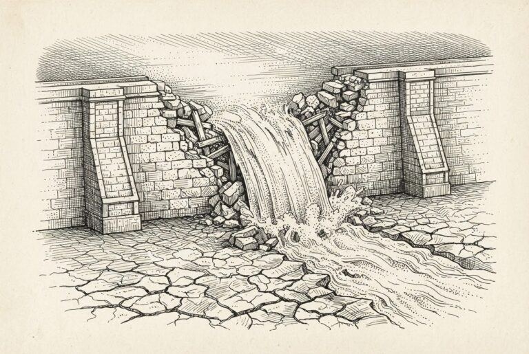 A masonry dam with a massive breach, torrent pouring through onto a dry cracked plain below, illustrating how AI agents collapsed the 30-year economic barrier that protected organizations from vulnerability exploitation.