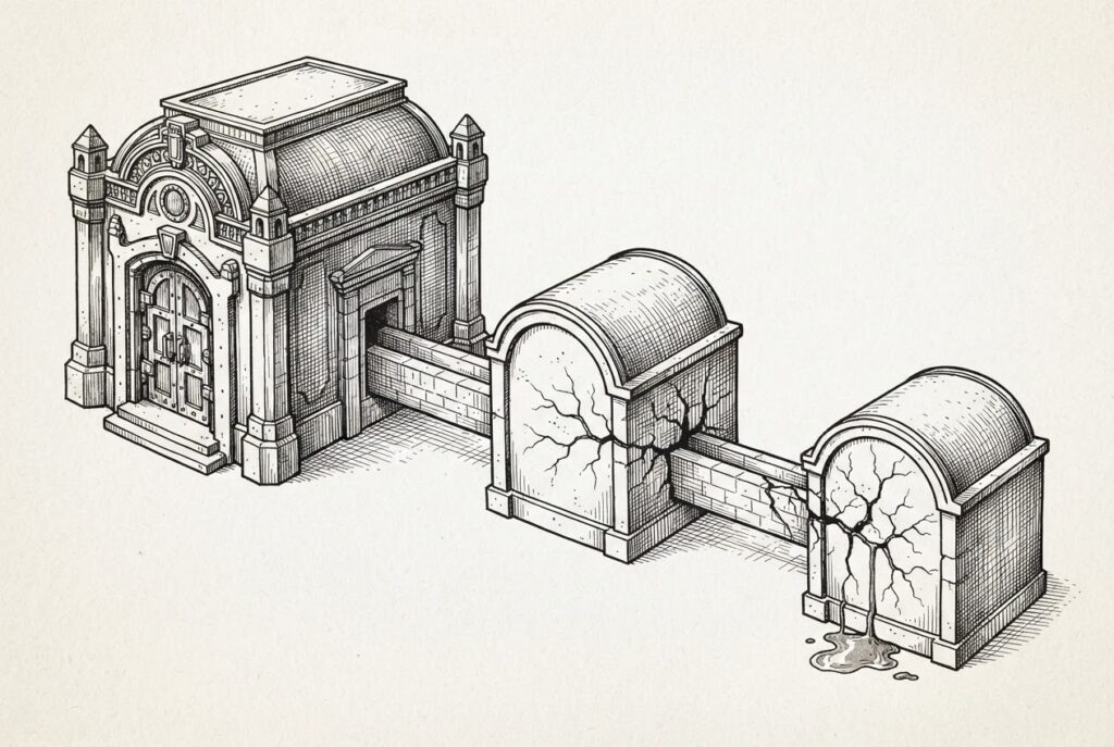 Three ornate connected vaults cracking at their junction points, with thin streams seeping through the fractures - depicting trust boundary exploitation in agent frameworks