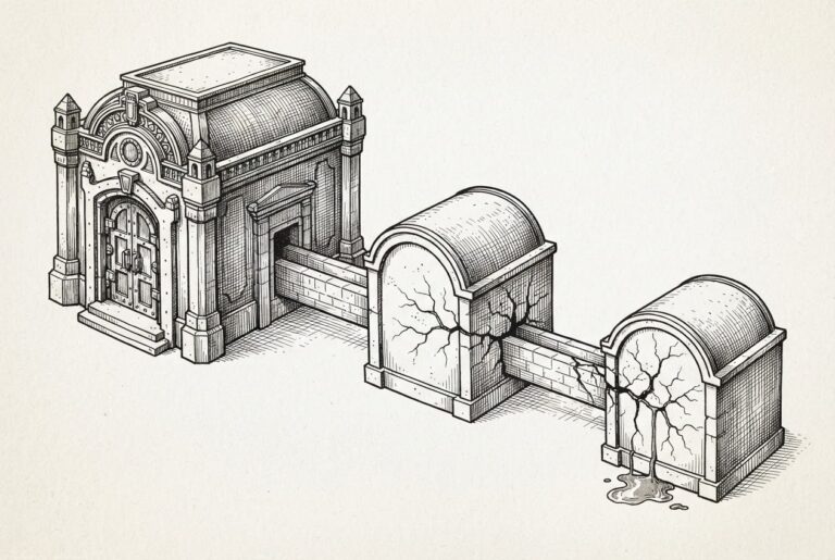Three ornate connected vaults cracking at their junction points, with thin streams seeping through the fractures - depicting trust boundary exploitation in agent frameworks