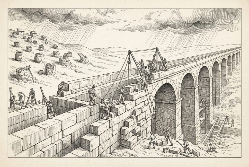 Pen-and-ink engraving of stonemasons building a massive new aqueduct - hewn stone channels and arched supports - while small rain barrels and cisterns recede in the background, inadequate against the intensifying storm.