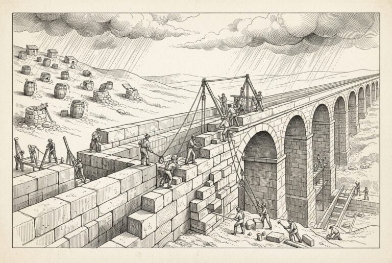 Pen-and-ink engraving of stonemasons building a massive new aqueduct - hewn stone channels and arched supports - while small rain barrels and cisterns recede in the background, inadequate against the intensifying storm.
