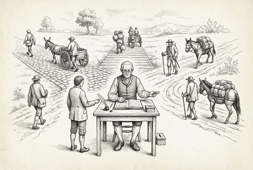 Calm figure at crossroads where three roads converge — middleware profiting from all protocols as universal translator
