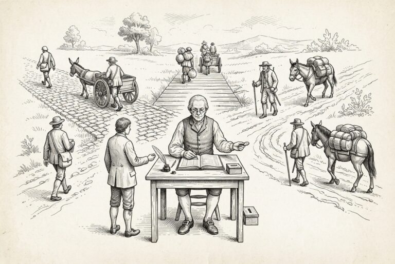 Calm figure at crossroads where three roads converge — middleware profiting from all protocols as universal translator