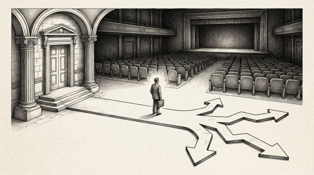 Ink illustration of a crossroads where a single path diverges into two - one converging toward a formal institutional doorway with classical columns, the other fracturing into multiple branching arrows suggesting competing visions. A lone figure stands at the divergence point, with an auditorium fading into the background, depicting a community divided over the scope of agent protocol standardization.