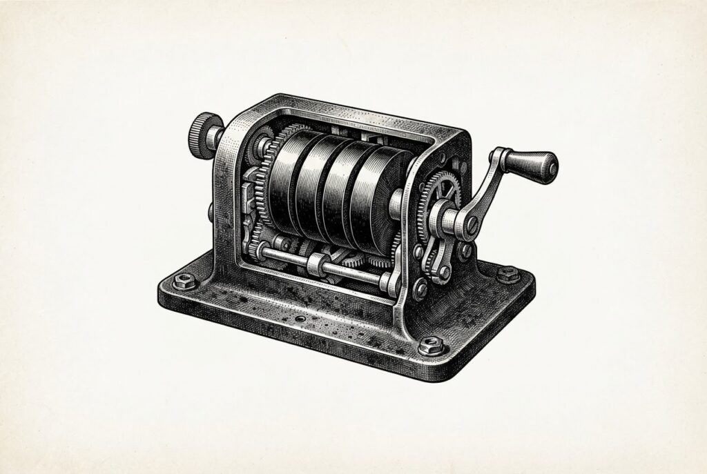 Victorian mechanical counter mechanism mounted alone on a cast-iron plate - the counting instrument that replaced licensing human seats with metering automated outcomes