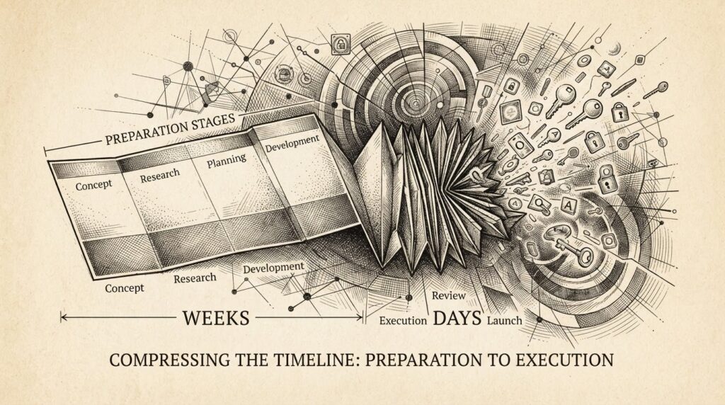 A monochrome editorial engraving of a timeline being compressed like an accordion, weeks of preparation stages folding into days, with identity tokens, OAuth keys, and credential locks scattering outward from the compression point.