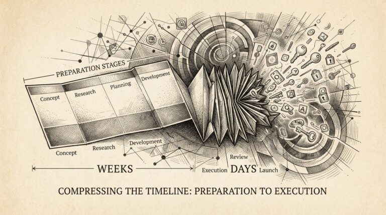 A monochrome editorial engraving of a timeline being compressed like an accordion, weeks of preparation stages folding into days, with identity tokens, OAuth keys, and credential locks scattering outward from the compression point.