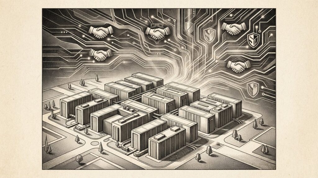 Monochrome editorial engraving of a data center campus with abstract financial and sovereign network patterns woven into circuit-board traces above - conceptual illustration of sovereign-backed compute infrastructure as an asset class.