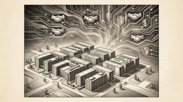 Monochrome editorial engraving of a data center campus with abstract financial and sovereign network patterns woven into circuit-board traces above - conceptual illustration of sovereign-backed compute infrastructure as an asset class.