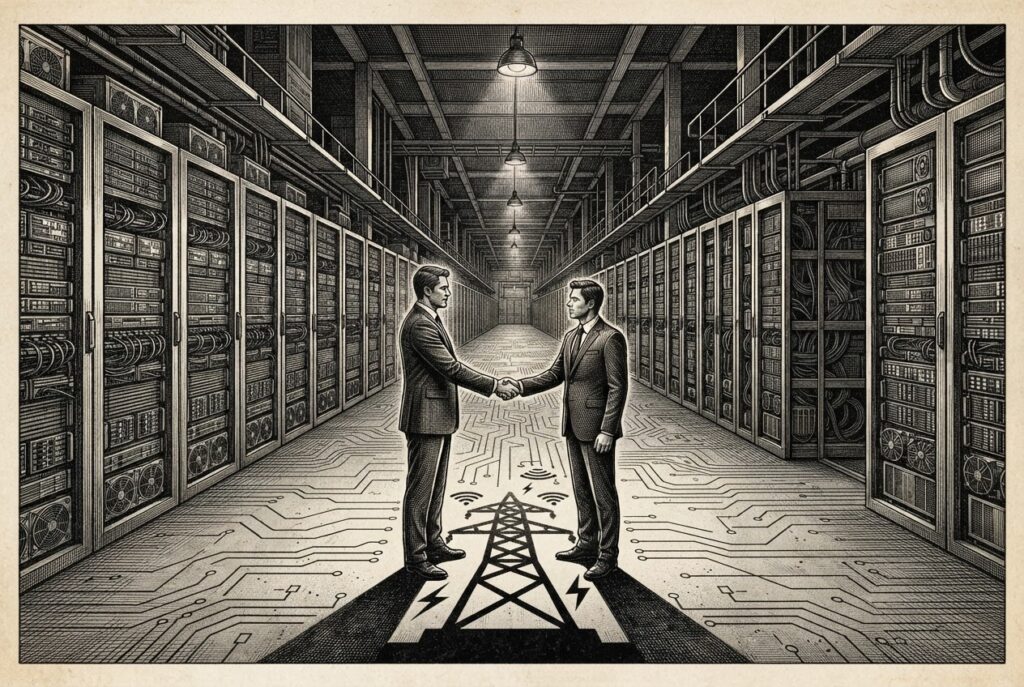Monochrome editorial engraving of a massive data center floor with server racks extending to infinity, circuit-board traces connecting them into a network, two figures shaking hands in the foreground with shadows forming a power grid shape.