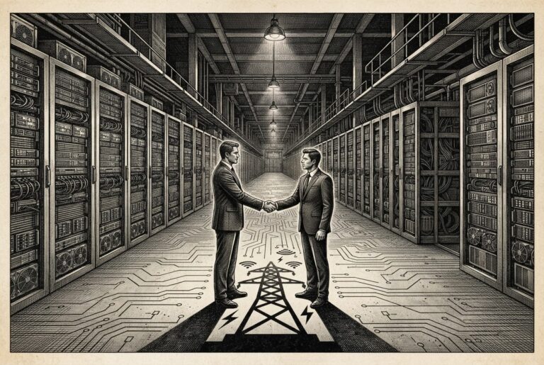 Monochrome editorial engraving of a massive data center floor with server racks extending to infinity, circuit-board traces connecting them into a network, two figures shaking hands in the foreground with shadows forming a power grid shape.