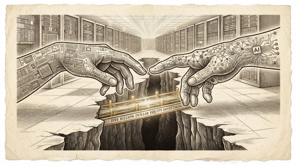 Pen-and-ink engraving of two hands reaching toward each other across a dark chasm—one hand constructed from semiconductor circuits and wafer patterns, the other from neural network nodes and data pathways. A bridge of golden bars forms between them, representing AMD's $5 billion equity investment in Anthropic.