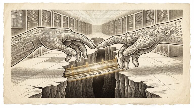 Pen-and-ink engraving of two hands reaching toward each other across a dark chasm—one hand constructed from semiconductor circuits and wafer patterns, the other from neural network nodes and data pathways. A bridge of golden bars forms between them, representing AMD's $5 billion equity investment in Anthropic.