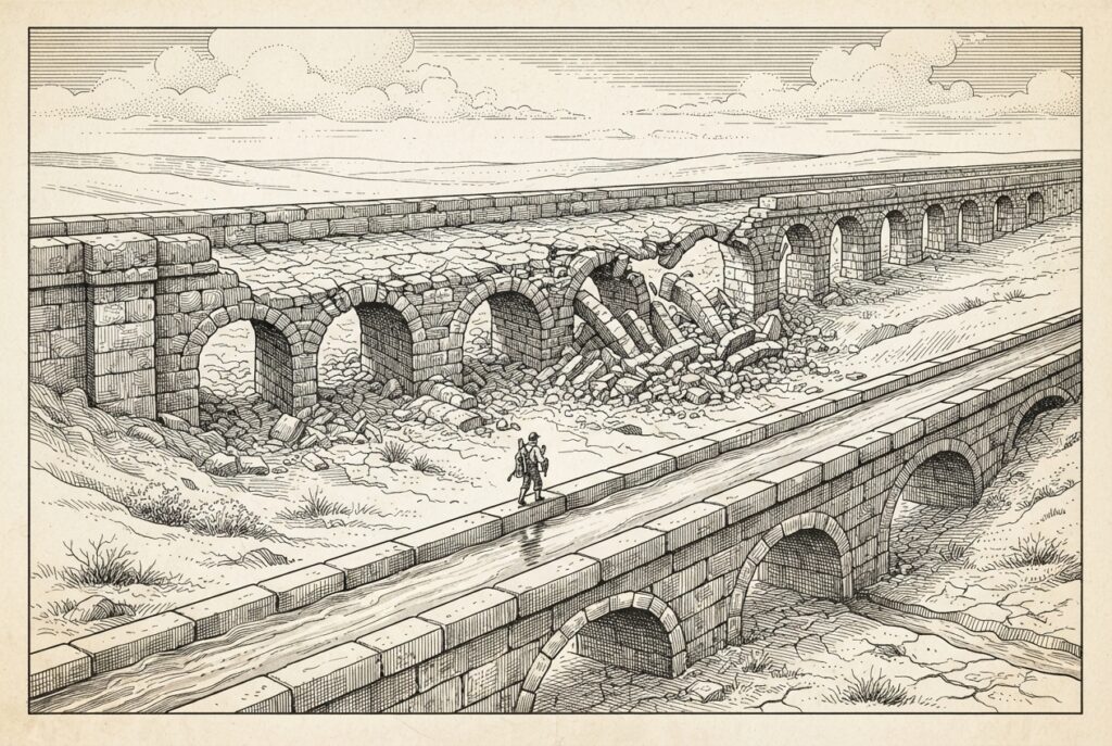 Two parallel stone aqueducts diverge — one crumbling and dry, the other flowing with water — while a small engineering figure stands at the junction, illustrating the compute supply chain split between AMD-diversified and Nvidia-dependent paths.