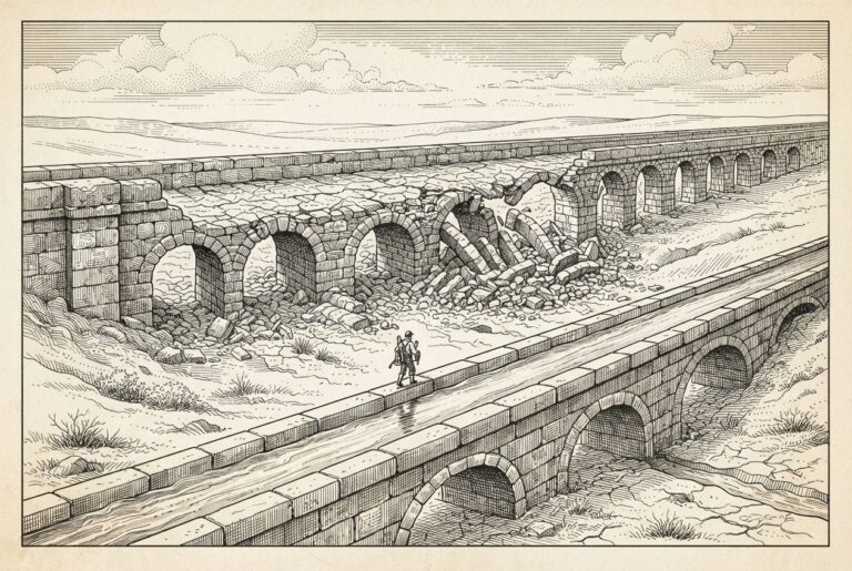Two parallel stone aqueducts diverge — one crumbling and dry, the other flowing with water — while a small engineering figure stands at the junction, illustrating the compute supply chain split between AMD-diversified and Nvidia-dependent paths.