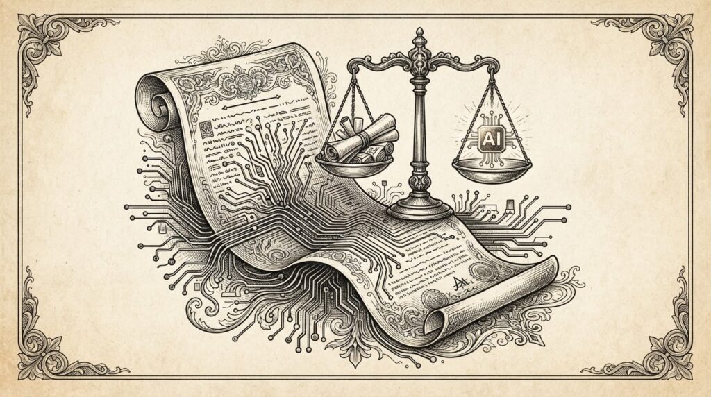 Monochrome pen-and-ink engraving of a policy document intertwined with AI circuit-board traces and a balance scale, representing the intersection of AI regulation and commercial interests.