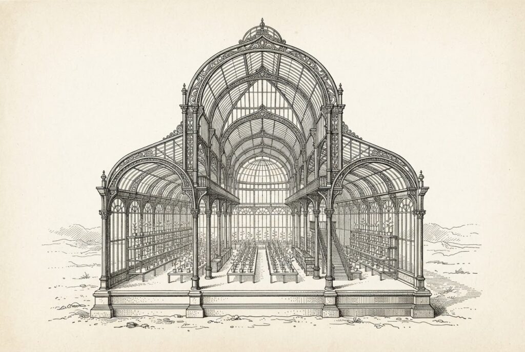 A Victorian glass conservatory in cross-section showing small saplings inside, the building itself more prominent than any individual plant - representing institutional infrastructure investment.