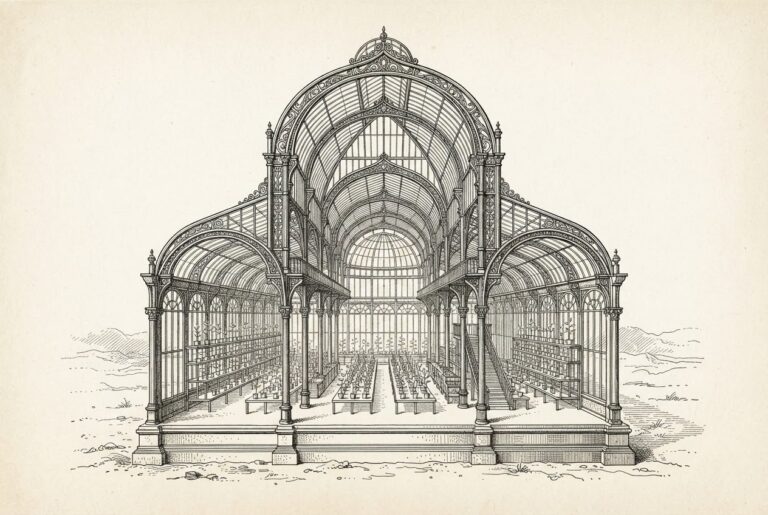 A Victorian glass conservatory in cross-section showing small saplings inside, the building itself more prominent than any individual plant - representing institutional infrastructure investment.