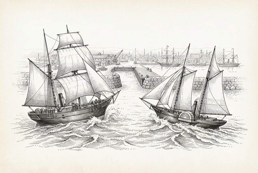 Two steamships race toward a single harbor entrance - one heavier with tall sails, the other leaner and faster - their wakes meeting at the narrow dock.