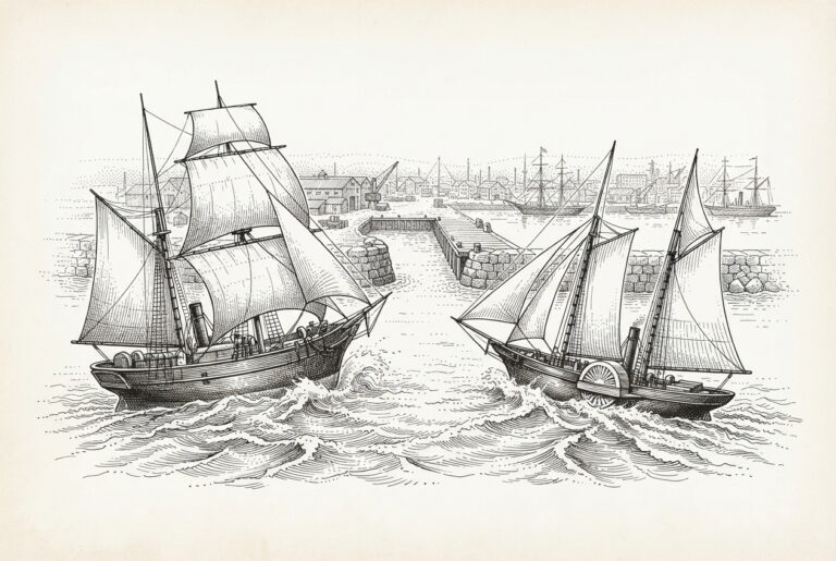 Two steamships race toward a single harbor entrance - one heavier with tall sails, the other leaner and faster - their wakes meeting at the narrow dock.