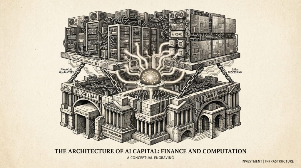 Monochrome editorial engraving of a data center split into two financing layers - bank consortium scaffolding below, chip vendor infrastructure above - connected by financial guarantee chains, representing Anthropic's split financing model.