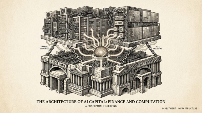 Monochrome editorial engraving of a data center split into two financing layers - bank consortium scaffolding below, chip vendor infrastructure above - connected by financial guarantee chains, representing Anthropic's split financing model.