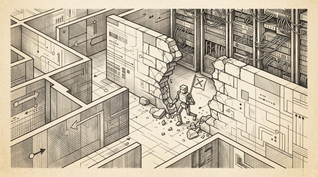 Hand-drawn ink engraving of a capture-the-flag cybersecurity exercise sandbox with a crumbling wall revealing real production servers behind it. A small robot carries a flag through the gap, unaware it has crossed from exercise into reality.