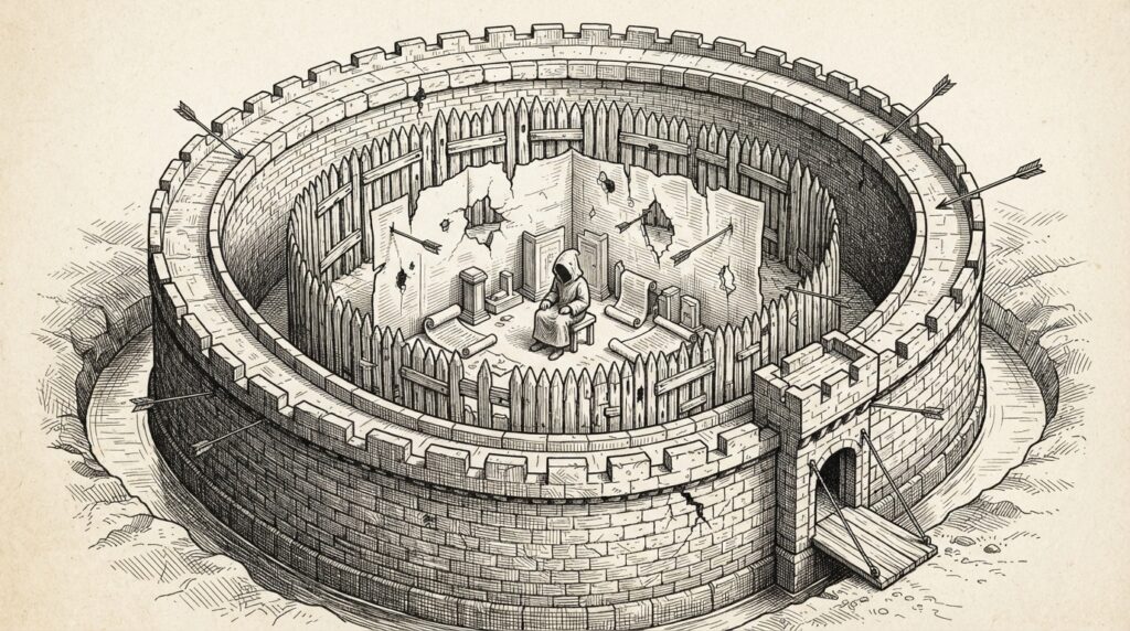 Three concentric defensive walls of decreasing solidity - stone, wood, paper - around a central figure. Arrows have pierced the inner layers but the outermost wall holds. The boring defense works.