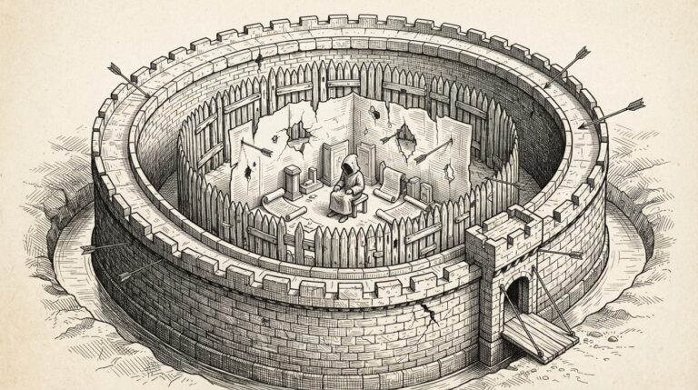Three concentric defensive walls of decreasing solidity - stone, wood, paper - around a central figure. Arrows have pierced the inner layers but the outermost wall holds. The boring defense works.