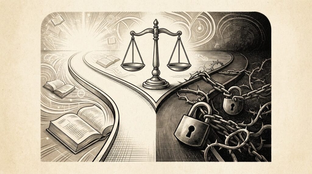 Pen-and-ink engraving of a forked legal pathway - left side bright with open books representing fair-use training, right side dark with padlocks and chains representing pirated data acquisition, balanced scales at the center dividing point.