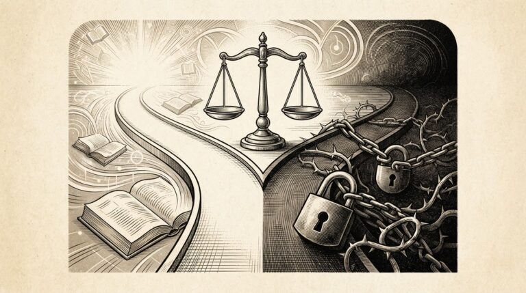 Pen-and-ink engraving of a forked legal pathway - left side bright with open books representing fair-use training, right side dark with padlocks and chains representing pirated data acquisition, balanced scales at the center dividing point.