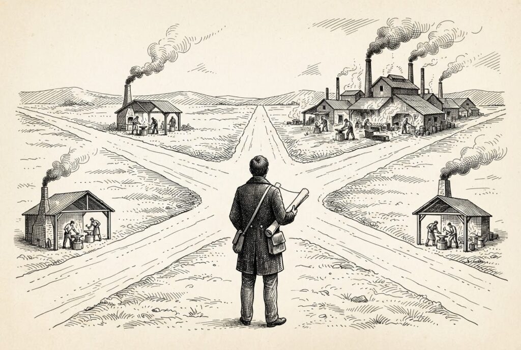 A figure at a crossroads holds a blank blueprint while four forges with rising smoke compete in the distance - the decision of which foundry to commit to.