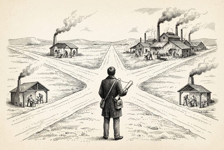 A figure at a crossroads holds a blank blueprint while four forges with rising smoke compete in the distance - the decision of which foundry to commit to.