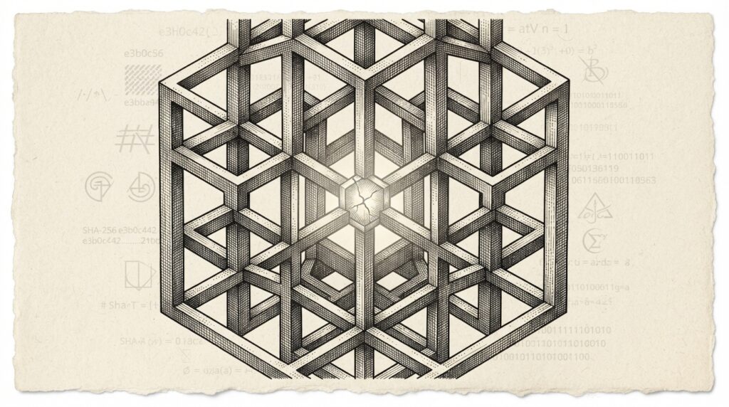 Monochrome editorial engraving depicting an abstract lattice structure with a hidden cryptographic flaw revealed by AI analysis