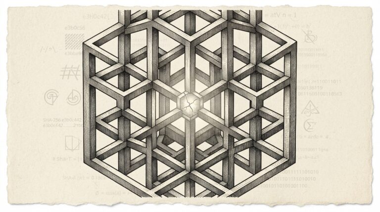 Monochrome editorial engraving depicting an abstract lattice structure with a hidden cryptographic flaw revealed by AI analysis