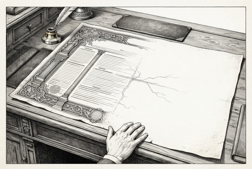 Editorial illustration of an ornate institutional signing desk with an elaborate document that trails off into stark blank parchment where agent provisions should be