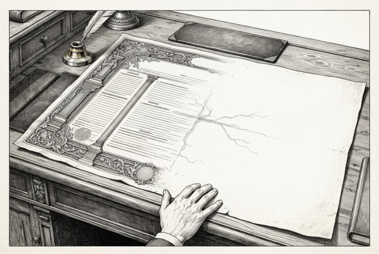Editorial illustration of an ornate institutional signing desk with an elaborate document that trails off into stark blank parchment where agent provisions should be