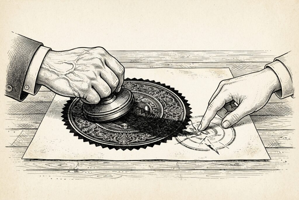 Two hands pressing competing seals onto a single sheet of paper — a large ornate corporate stamp dominates center while a smaller worker's mark is pushed toward the edge.