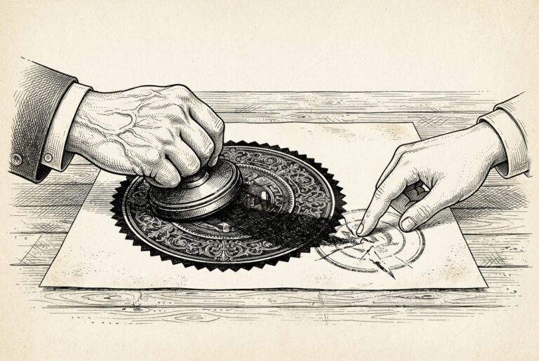 Two hands pressing competing seals onto a single sheet of paper — a large ornate corporate stamp dominates center while a smaller worker's mark is pushed toward the edge.