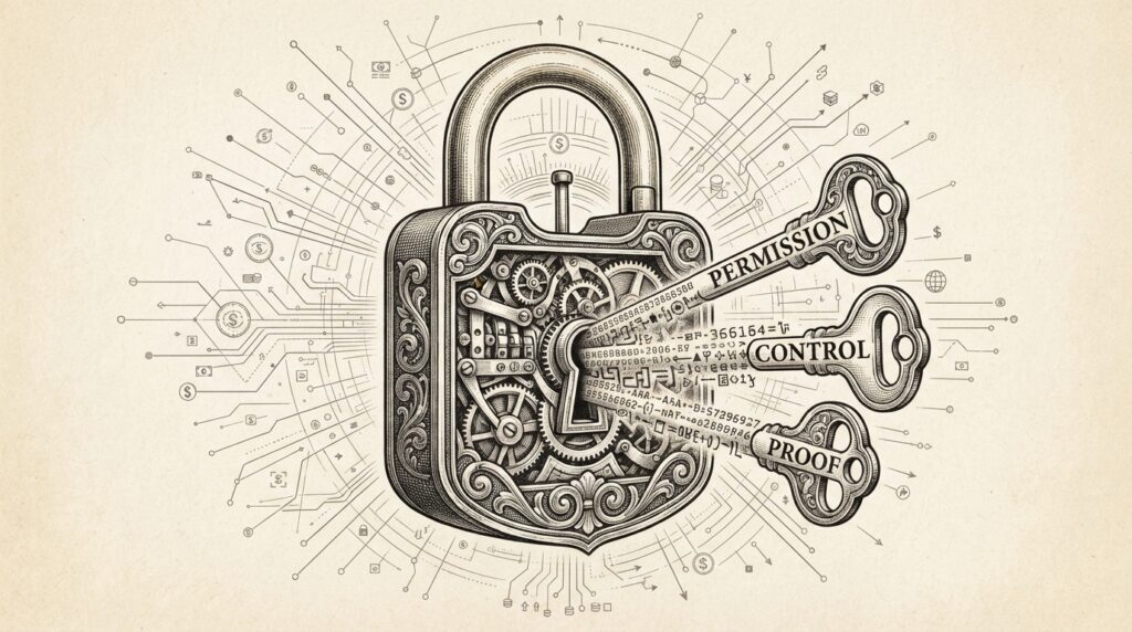 Monochrome pen-and-ink engraving of an ornate mechanical padlock with its internal gears exposed, three skeleton keys labeled PERMISSION, CONTROL, and PROOF partially inserted into the keyway, with cryptographic patterns flowing along the shafts and payment network circuit traces radiating outward