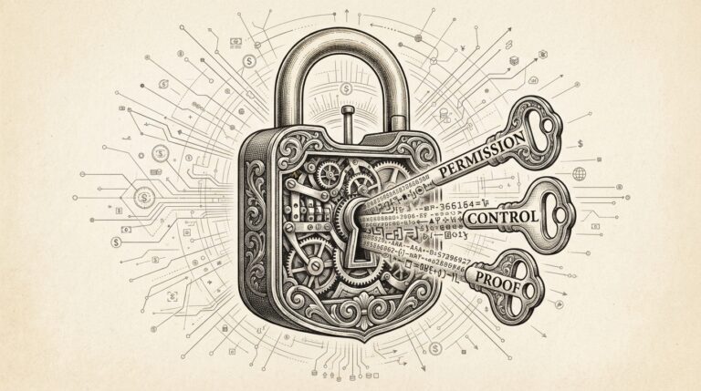 Monochrome pen-and-ink engraving of an ornate mechanical padlock with its internal gears exposed, three skeleton keys labeled PERMISSION, CONTROL, and PROOF partially inserted into the keyway, with cryptographic patterns flowing along the shafts and payment network circuit traces radiating outward