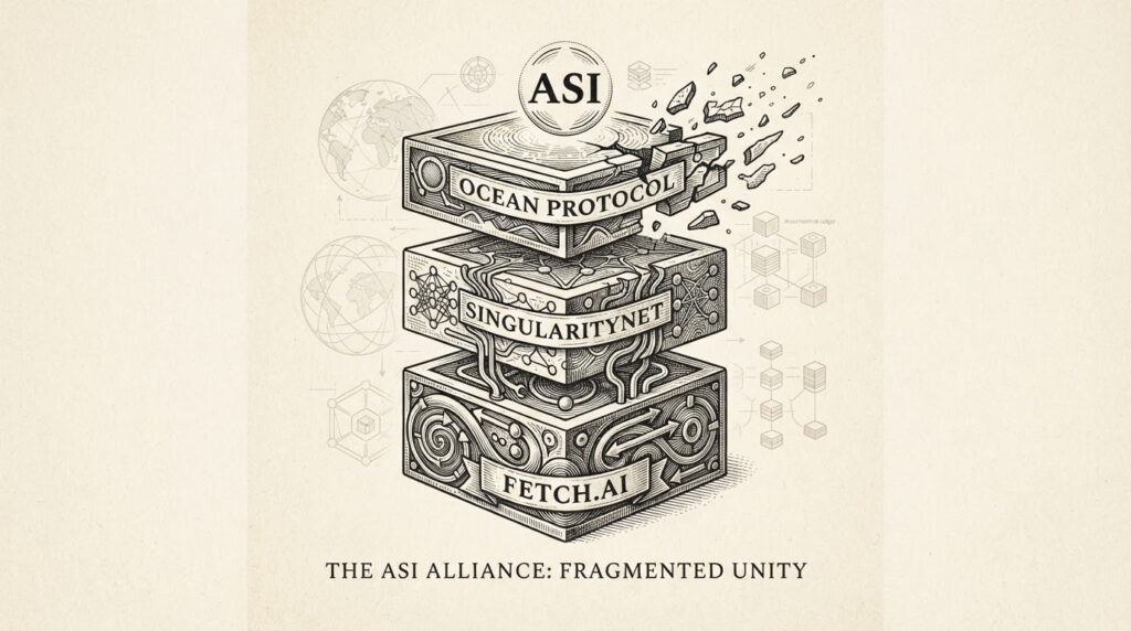 Three interconnected protocol layers merging into a unified stack, with one layer partially disconnected, representing the ASI Alliance's governance challenges.